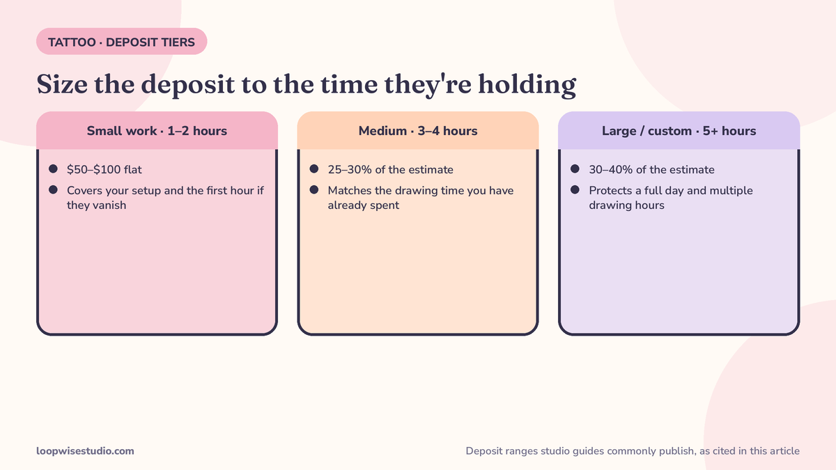 Infographic of tattoo deposit tiers by session length — a flat deposit for small work, 25 to 30 percent for medium pieces, and 30 to 40 percent for large custom work — the ranges studio guides commonly publish.