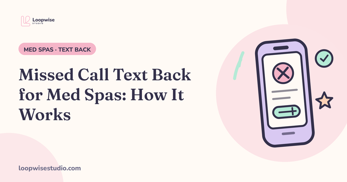 Med spa phone displaying a missed-call text-back with a booking link