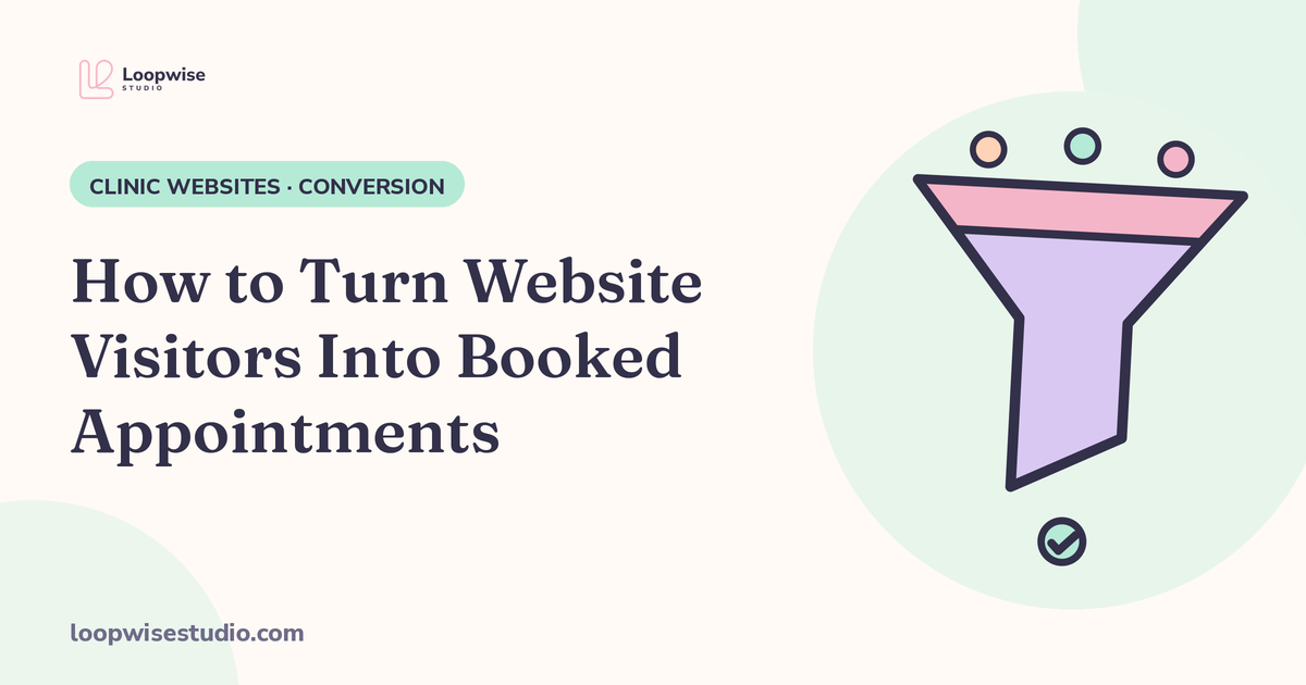 Diagram of the seven-step clinic booking system, from treatment page visit through booking, confirmation, reminders and recovery of abandoned bookings